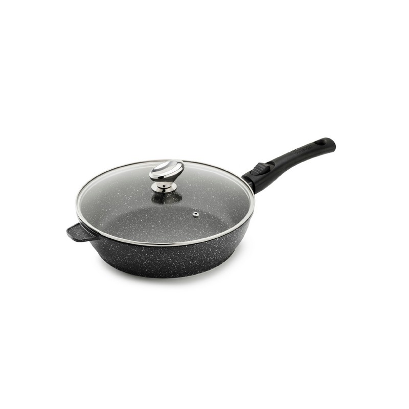 PREMIUM - SAUTEUSE 28 CM FONTE D'ALUMINIUM MANCHE AMOVIBLE AVEC COUVERCLE VERRE BOITE COULEUR