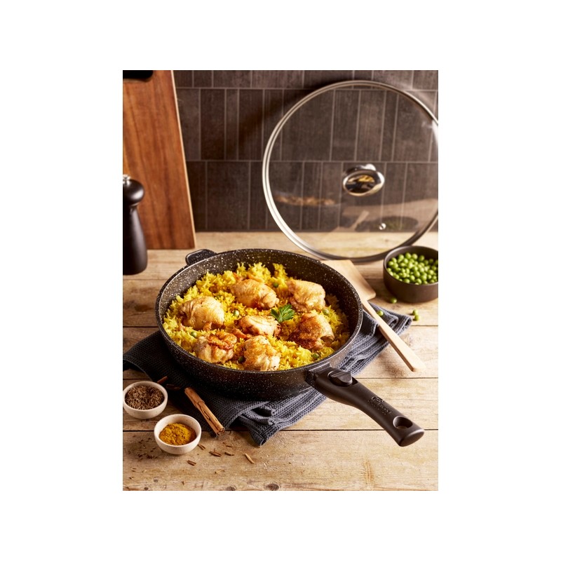 PREMIUM - SAUTEUSE 28 CM FONTE D'ALUMINIUM MANCHE AMOVIBLE AVEC COUVERCLE VERRE BOITE COULEUR