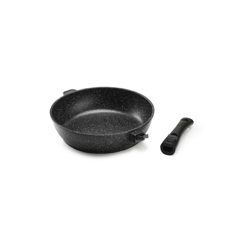 PREMIUM - SAUTEUSE 28 CM FONTE D'ALUMINIUM MANCHE AMOVIBLE AVEC COUVERCLE VERRE BOITE COULEUR