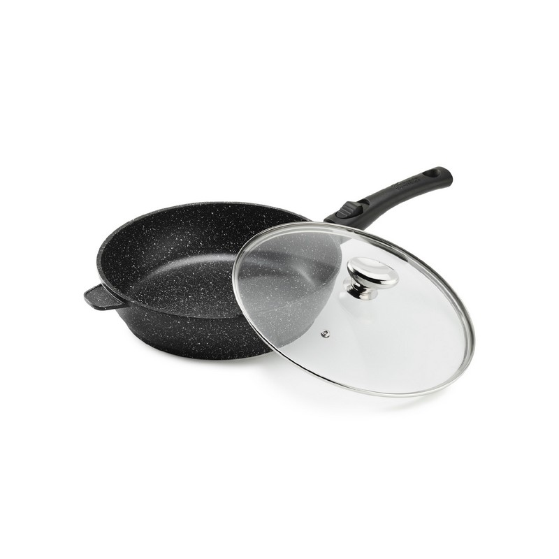 PREMIUM - SAUTEUSE 28 CM FONTE D'ALUMINIUM MANCHE AMOVIBLE AVEC COUVERCLE VERRE BOITE COULEUR