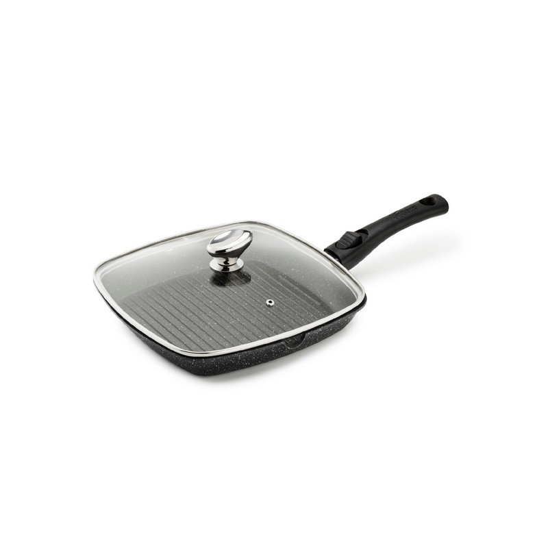 PREMIUM - POELE GRILL 28 x 28 CM FONTE D'ALUMINIUM MANCHE AMOVIBLE AVEC COUVERCLE VERRE BOITE COULEU