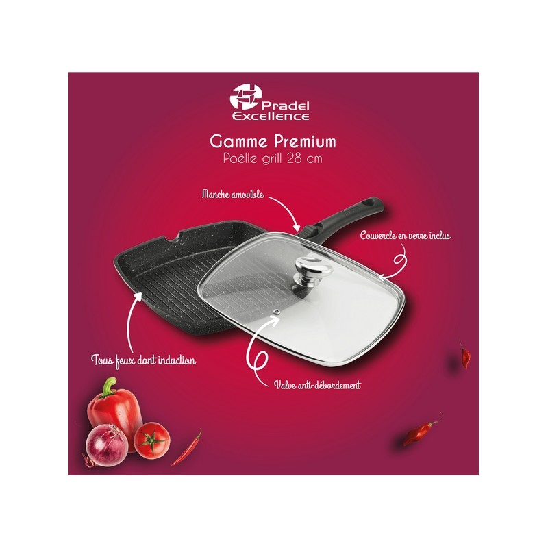 PREMIUM - POELE GRILL 28 x 28 CM FONTE D'ALUMINIUM MANCHE AMOVIBLE AVEC COUVERCLE VERRE BOITE COULEU
